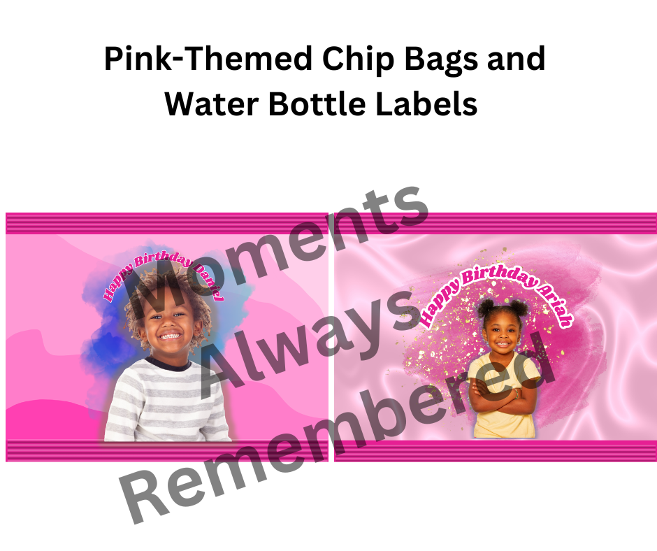 Pink Themed Chip Bag and Water Bottle Label Designs - Digital Download