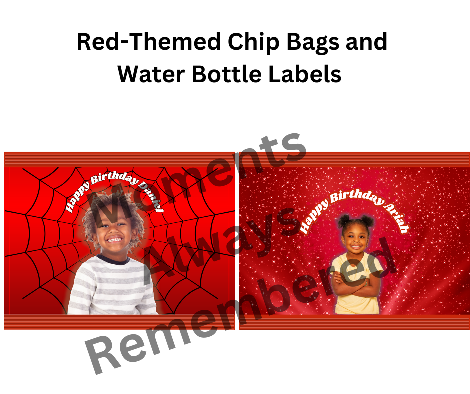 Red Themed Chip Bag and Water Bottle Label Designs - Digital Download